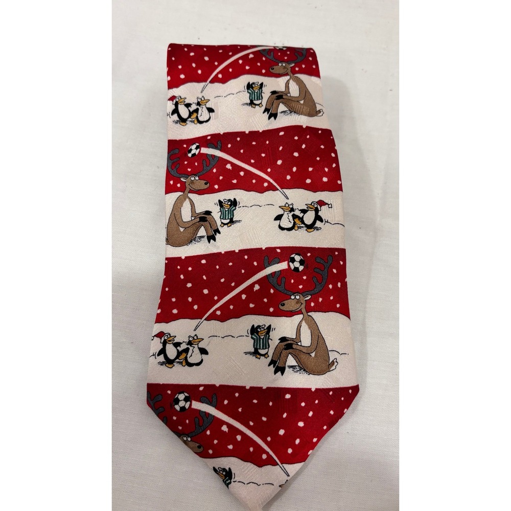 American Greetings Mens Christmas Silk Tie Reindeer Penguin Soccer Red White